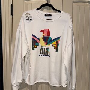 White Distressed Thunderbird Colorful Sweatshirt Size Large
